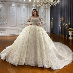 Customized Square Neck Long Sleeve Fluffy Ball Gown Wedding Dress