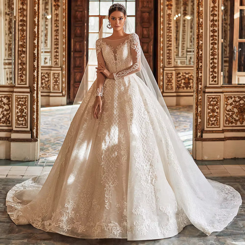 Luxury Long Sleeve Sequined Ball Gown Wedding Dress with See-Through Back