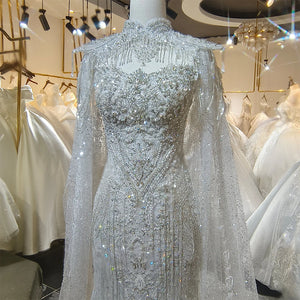 A-line Sequin Lace Wedding Dress with Cape and Back Button