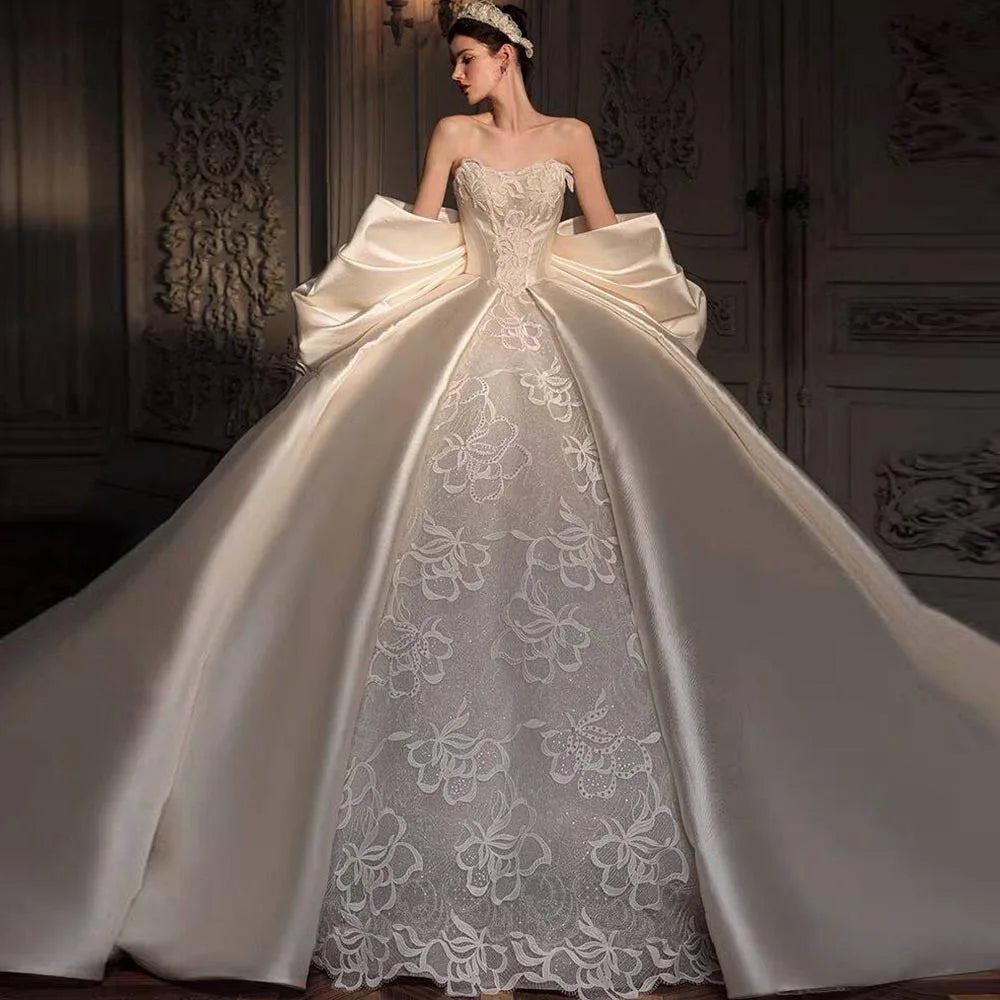 Long Sleeve A Line Satin Wedding Gown with Train Lace Appliques - Elsi John