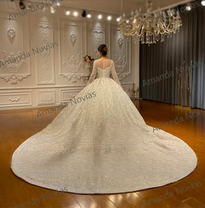 Customized Heavy Beaded Lace Ball Gown Wedding Dress with Elegant Detailing