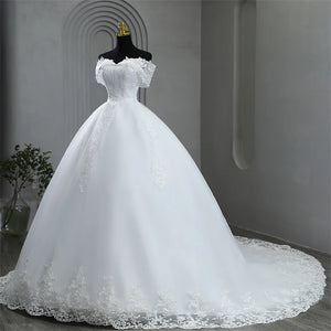 Elegant Plus Size Off-Shoulder Wedding Dress with Appliques and Pearls