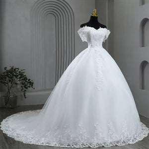 Elegant Plus Size Off-Shoulder Wedding Dress with Appliques and Pearls