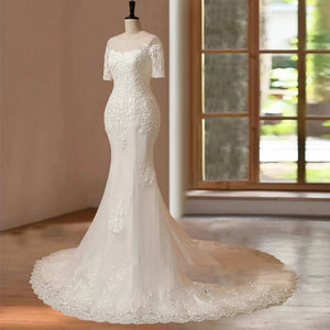 Customized Mermaid Wedding Dressand Hand Beading Short Sleeves Bridal Gown