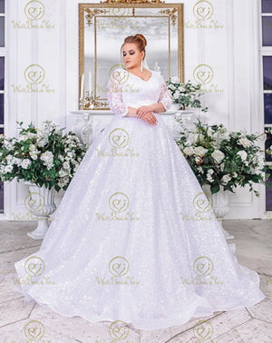 Plus Size Sparkly 3/4 Sleeve V Neck Ball Gown Wedding Dress for Women 2024