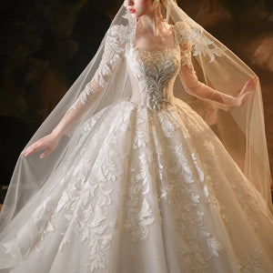 Princess Square Collar Full Sleeve Ball Gown 2024 Lace-Up Wedding Dress