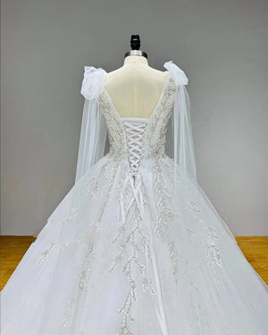 Princess Sequined Beading Ball Gown Wedding Dress with Chapel Train and Lace Up Back