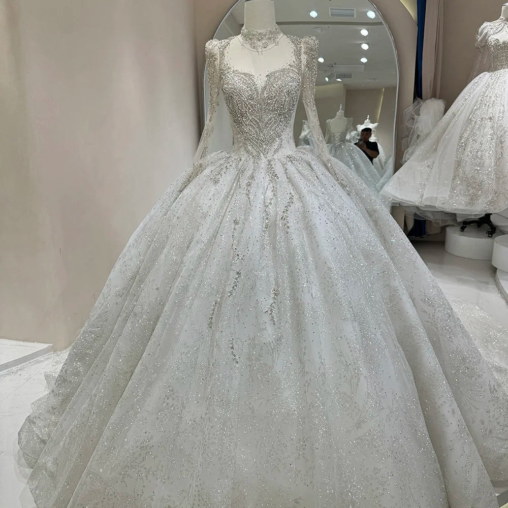 Customized Elegant Long Sleeve Chiffon Ball Gown Wedding Dress