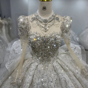 Newest Customized Ball Gown Wedding Dress with O Neckline Full Sleeves Beading Sequins