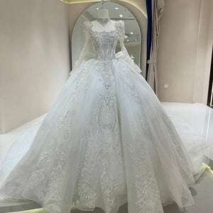 Customized Exquisite Ball Gown Wedding Dress Full Sleeves Lace-Up Embroidery