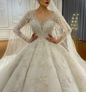 Elegant A-Line Long Sleeve Luxury Wedding Dress for Women Bridal Gown