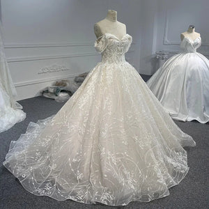 White Off-Shoulder Ball Gown Lace-Up Back Floor-Length Wedding Dress