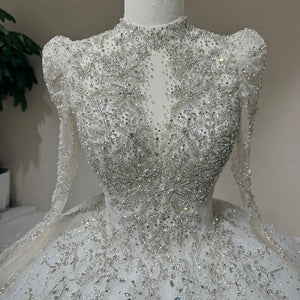 Luxury Lace Organza Ball Gown Beaded Backless Wedding Dress Long Sleeve