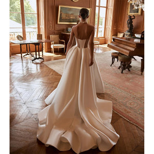 Elegant Shining Satin Wedding Dress New High Fork A-Line Off The Shoulder Robes Party Fluffy Skirt