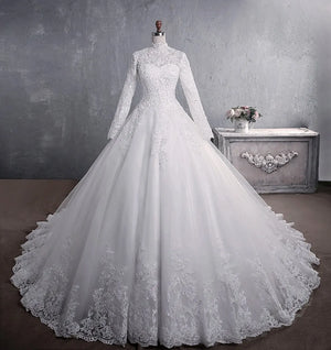 Luxury Long Sleeve High-Neck Ball Gown Wedding Dress Zipper Back Plus Size