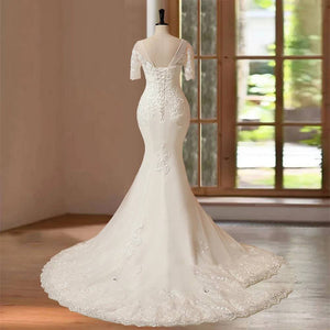 Customized Mermaid Wedding Dressand Hand Beading Short Sleeves Bridal Gown