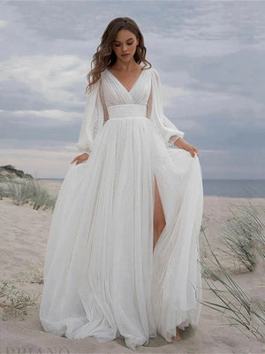 BOHO Vintage Wedding Dress Simple Tulle Bridal Gowns Long Puff Sleeve Sweetheart