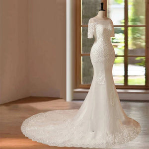 Mermaid Wedding Dress and Hand Beading Short Sleeves Bridal Gown