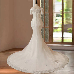 Customized Appliqué Hand Beading Mermaid Wedding Dress with Short Sleeves