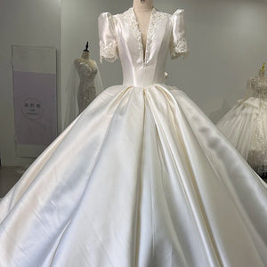 Short Sleeve Satin Ball Gown Wedding Dress with Beading and Lace-Up Back