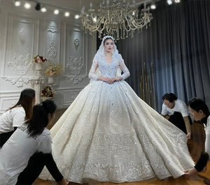 Customized Royal V-Neck Princess Luxury Wedding Gown Long Sleeve