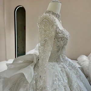 Customized Exquisite Ball Gown Wedding Dress Full Sleeves Lace-Up Embroidery