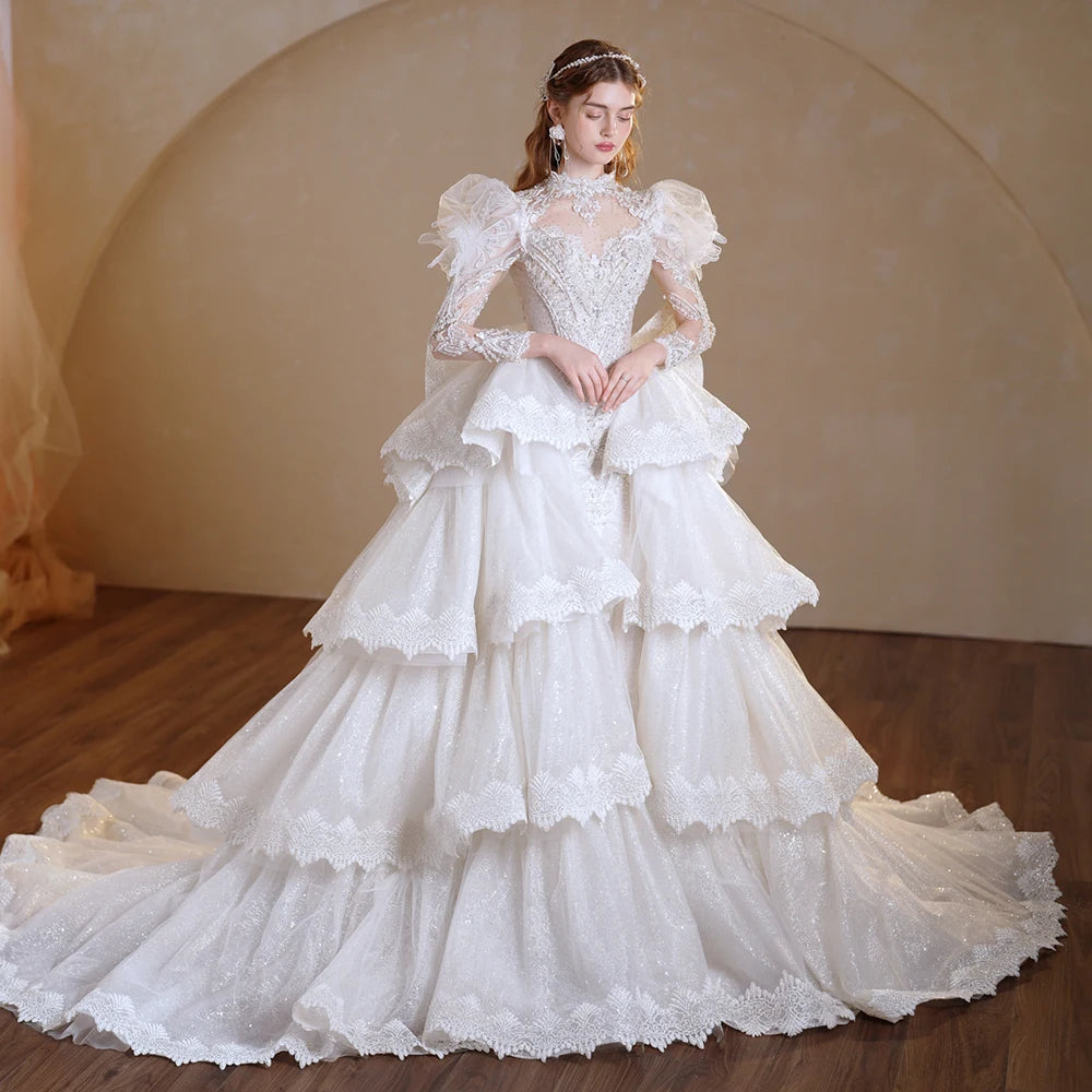 Superfine O-Neck Full Sleeve Wedding Dress with Tiered Bow and Sequins