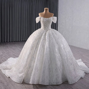 Custom Wedding Dresses Organza Ball Gown Boat Neck Cap Sleeve Beading