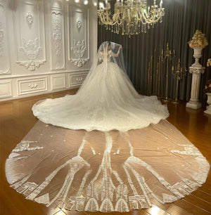 Customized Fantasy Square Collar Long Train Ball Gown Wedding Dress