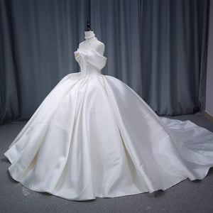 Short Sleeve Satin Ball Gown Wedding Dress with Beading and Lace-Up Back