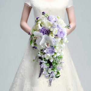 Water Drop Style Bridal Bouquet Artificial White Purple Lavender with Green Accents