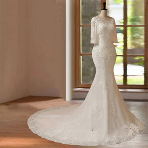 Customized Elegant Hand-Beaded Half Sleeve Wedding Dress Bridal Gown