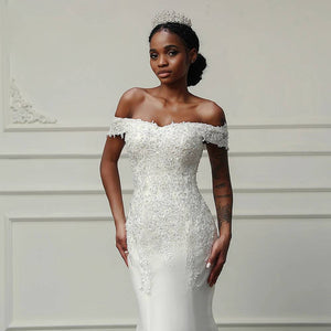 New Boat Neck Mermaid Wedding Dress Appliqué Hand Beaded Bridal Gown In Stock