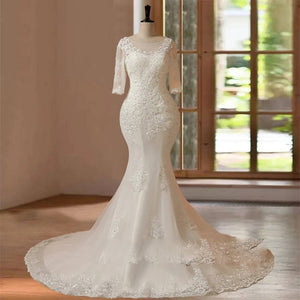 Elegant Hand-Beaded Half Sleeve Wedding Dress Bridal Gown