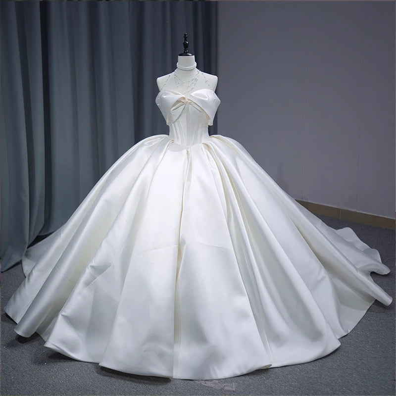 Short Sleeve Satin Ball Gown Wedding Dress with Beading and Lace-Up Back