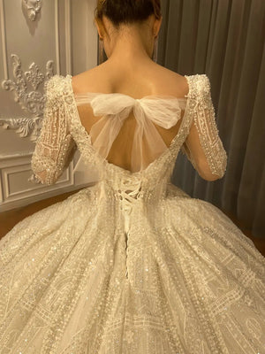 Customized Fantasy Square Collar Long Train Ball Gown Wedding Dress