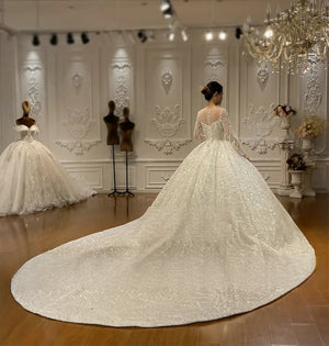 Customized Heavy Beaded Lace Ball Gown Wedding Dress with Elegant Detailing