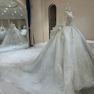 Customized Exquisite Ball Gown Wedding Dress Full Sleeves Lace-Up Embroidery