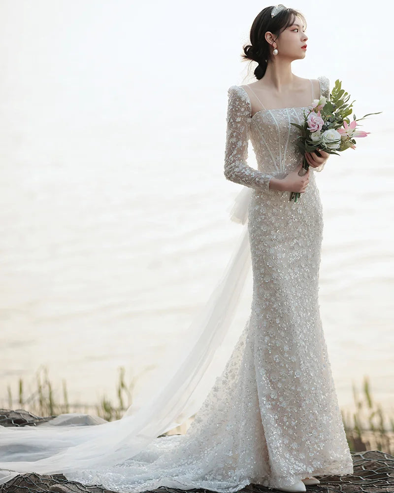 Strapless Lace-Up Mermaid Wedding Dress with Long Sleeves and Sparkly Beading