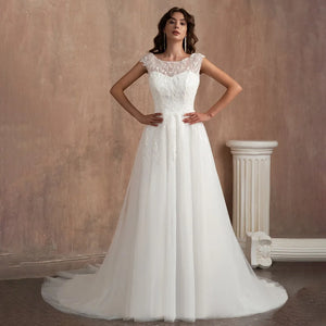 Customized A-Line Wedding Dress with Sheer Lace Appliqué Tulle Bridal Gowna