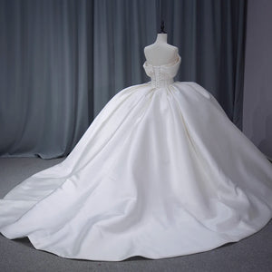 Short Sleeve Satin Ball Gown Wedding Dress with Beading and Lace-Up Back