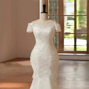 Customized Elegant Hand Beaded Mermaid Wedding Dress with Short Sleeves