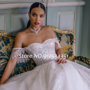 Vestidos De Noiva Off the Shoulder Tulle A-Line Wedding Dresses Beading Appliques Luxury Robe Mariage Backless Bridal Gowns