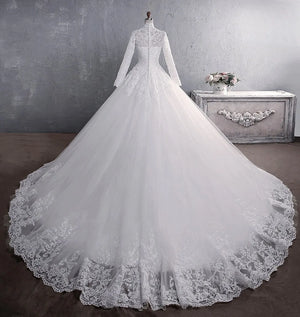 Luxury Long Sleeve High-Neck Ball Gown Wedding Dress Zipper Back Plus Size