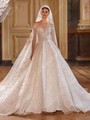 Luxury V-Neck Wedding Dress Bright Sequin A-Line Mopping Length Long Sleeve Bridal Gown