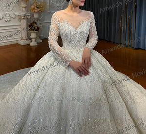 Customized Heavy Beaded Lace Ball Gown Wedding Dress with Elegant Detailing