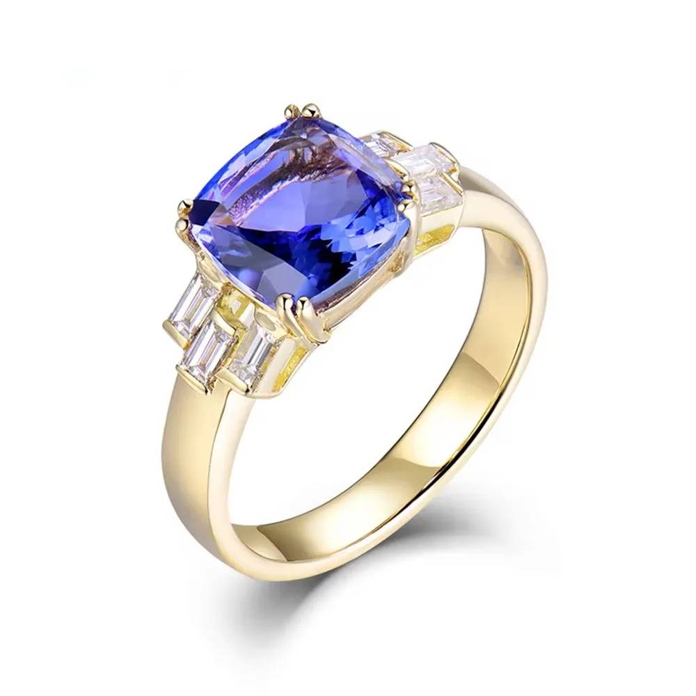 14K Yellow Gold Tanzanite & Diamond Cushion Ring – 8x8mm Engagement Jewelry for Women