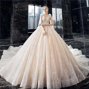 Princess Sequined Beading Ball Gown Wedding Dress with Chapel Train and Lace Up Back