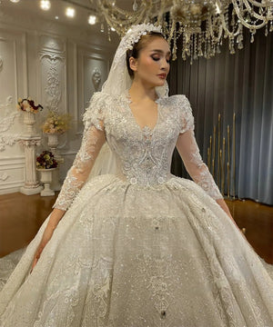 Customized Royal V-Neck Princess Luxury Wedding Gown Long Sleeve