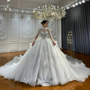 Customized  Lace Applique Crystal Beading Royal Train Luxury Wedding Dress